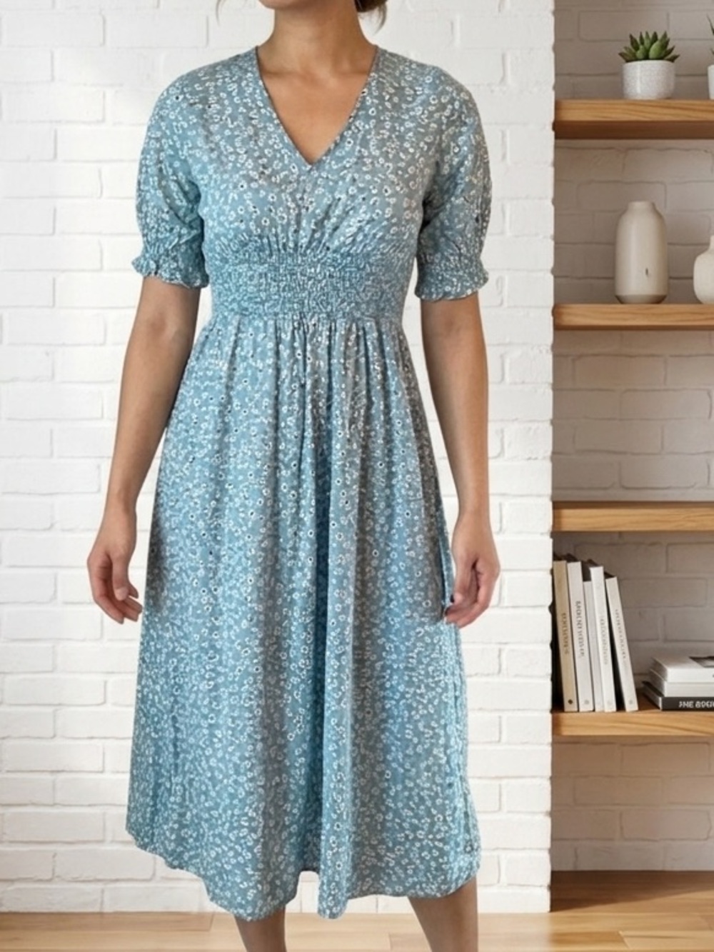 Joe Fresh Blue Floral Smocked Midi Dress